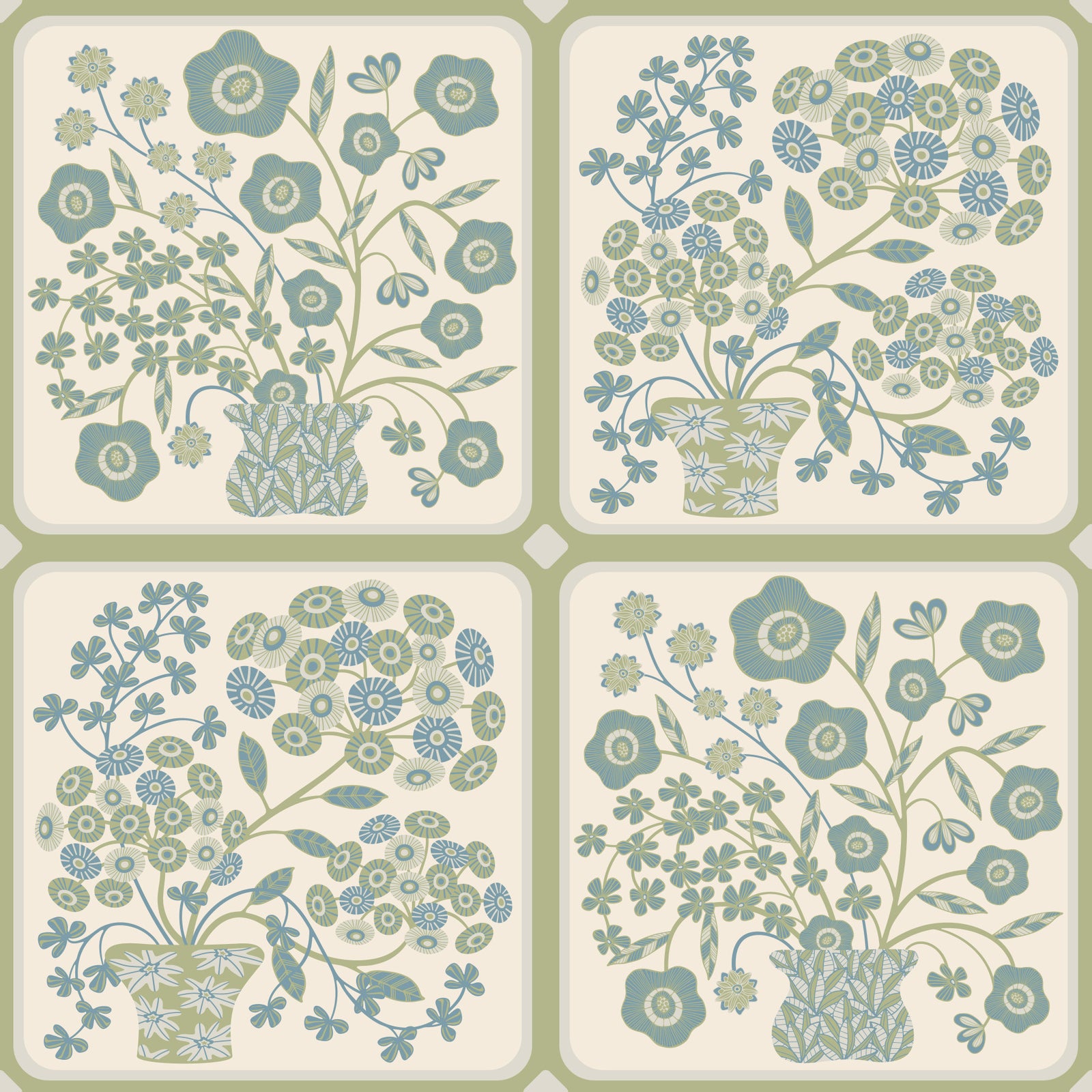 Flower Bouquet Tiles Floral Sage Green Blue Wallpaper⁠ in your room