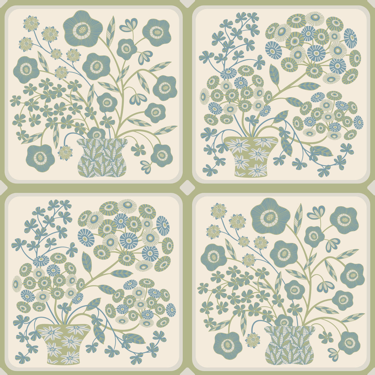 Flower Bouquet Tiles Floral Sage Green Blue Wallpaper⁠ in your room — zoomed
