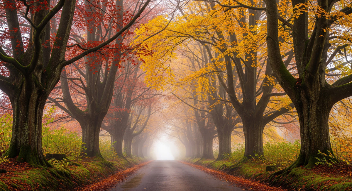 Ethereal Fall Road Wall Mural in your room — zoomed