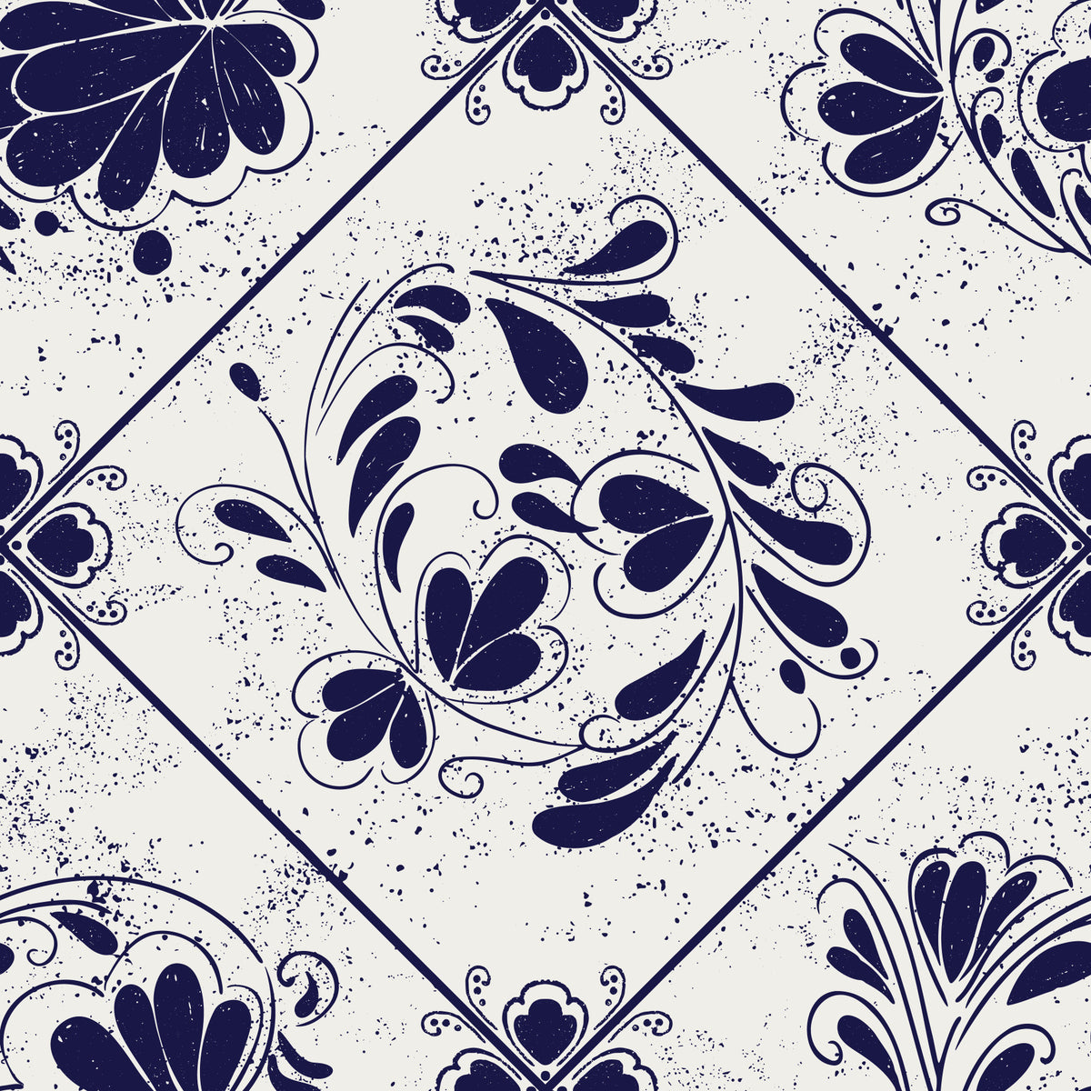 Vintage Indigo Floral Tiles Wallpaper⁠ in your room — zoomed