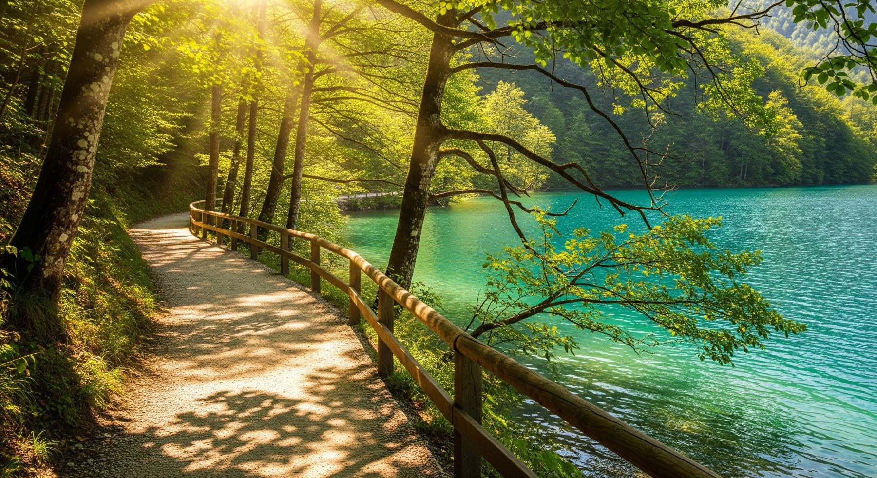 Sunlit Lakeside Path Wall Mural in your room — zoomed