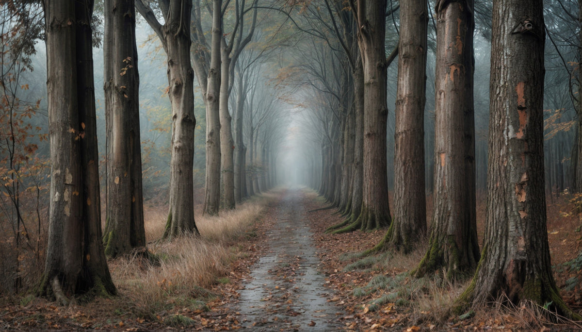Misty Forest Path Wall Mural in your room — zoomed