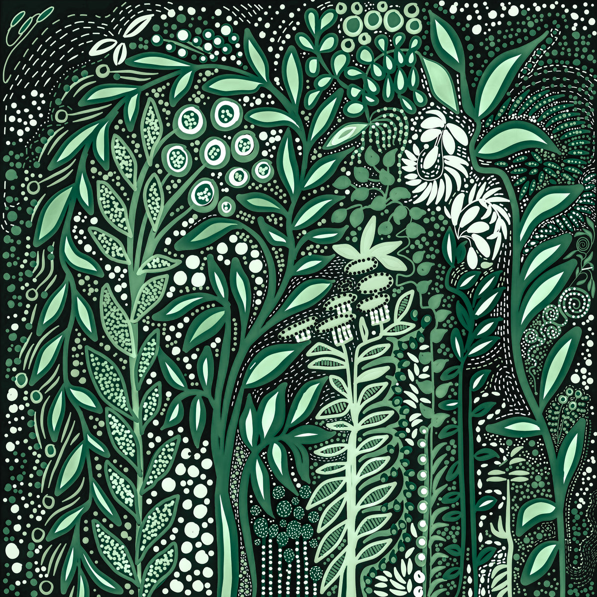 Tropifolia Alborosa Intricate Tropical Green Botanical Pattern with White Leaves and Delicate Floral Details Wall Mural in your room