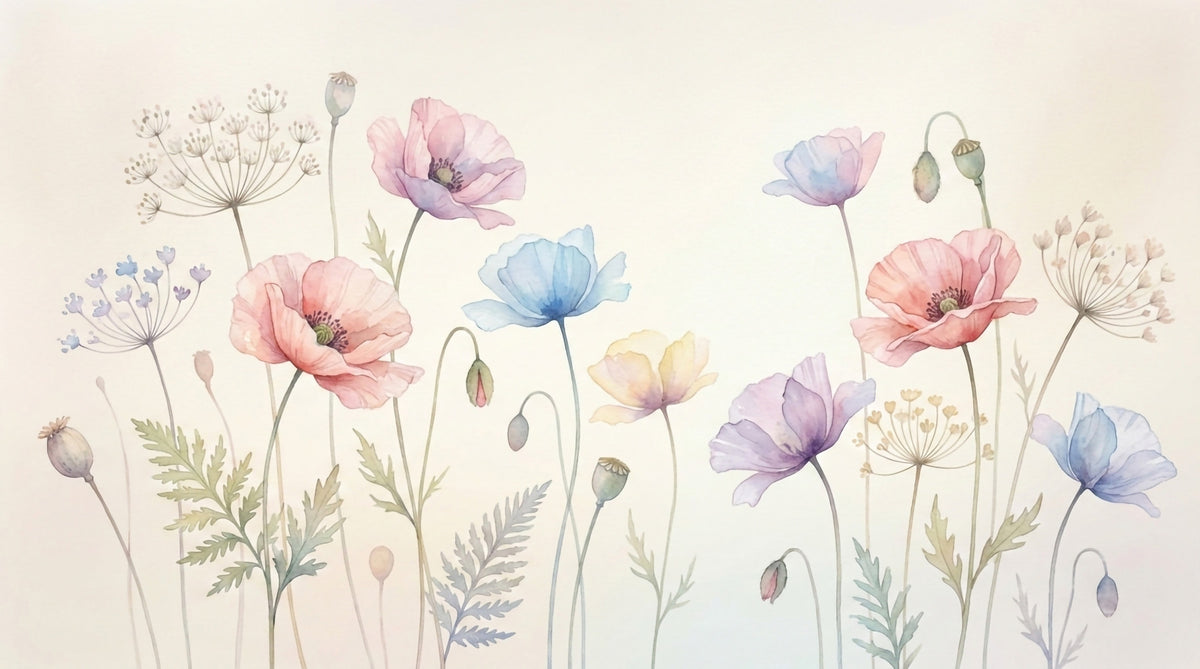 Pastel Poppy Field Wall Mural in your room — zoomed