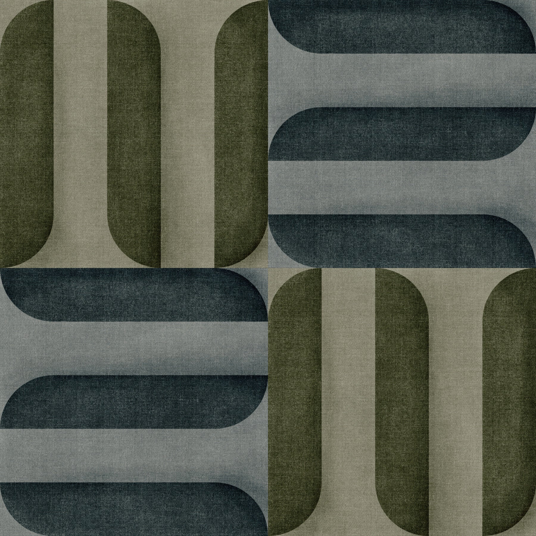 Modern Textured Signs Winter wallpaper in olive and slate geometric shapes behind a wood dining table and cream chairs on a patterned rug
