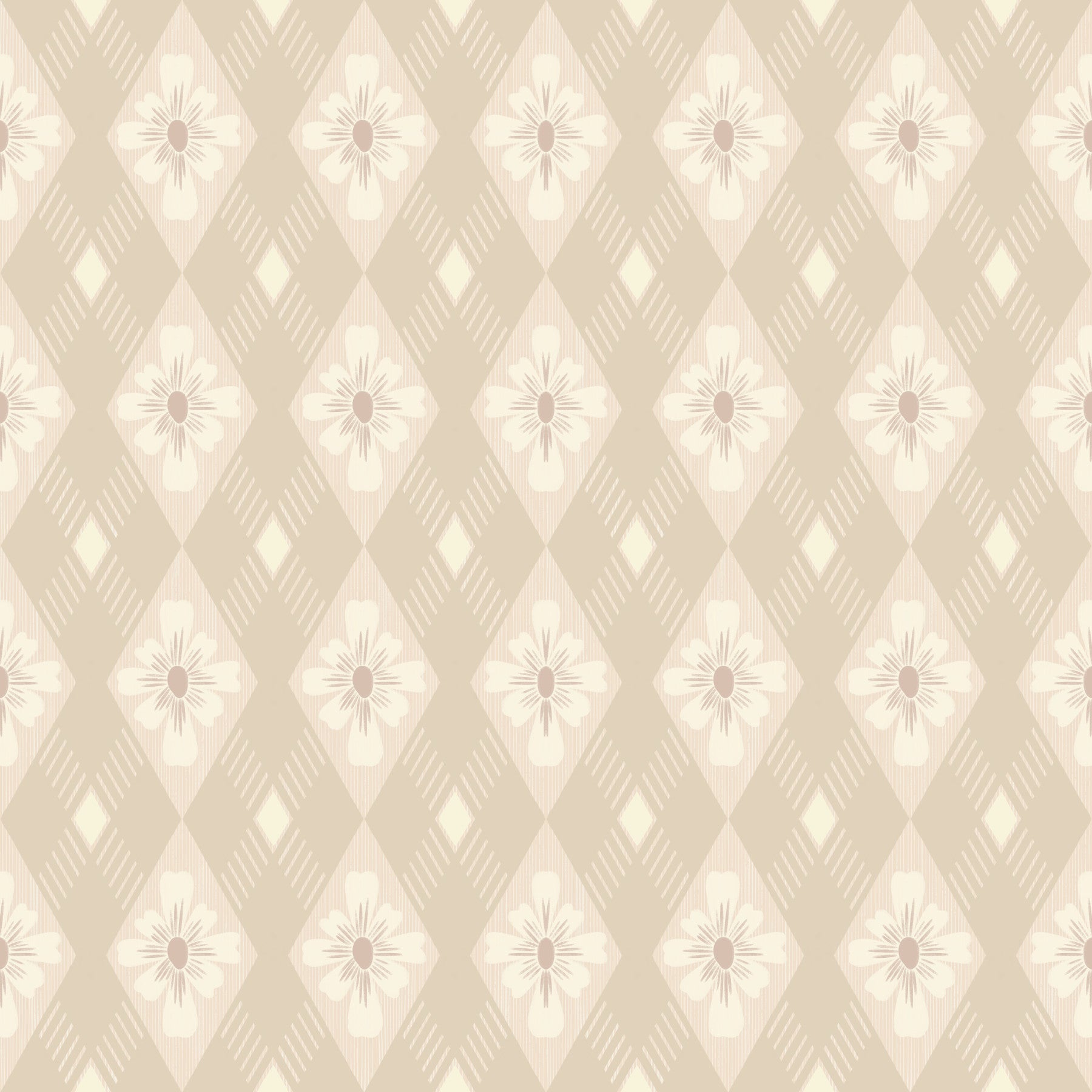 Diamond Bloom wallpaper in beige with a cream floral diamond pattern behind a navy velvet sofa with orange pillows in a living room