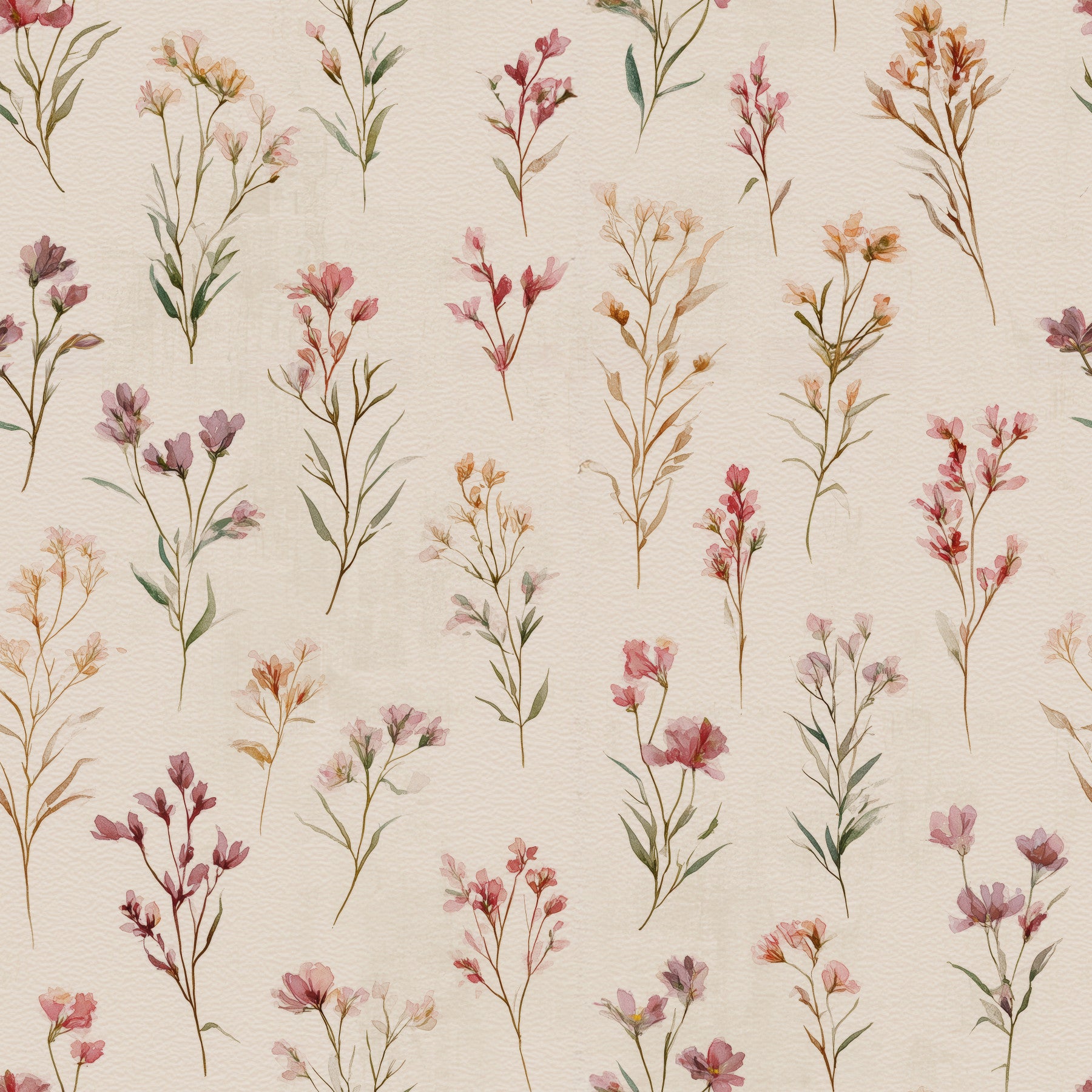 Soft Floral Whispers wallpaper of delicate pink wildflowers on cream behind a teal sofa with yellow cushions