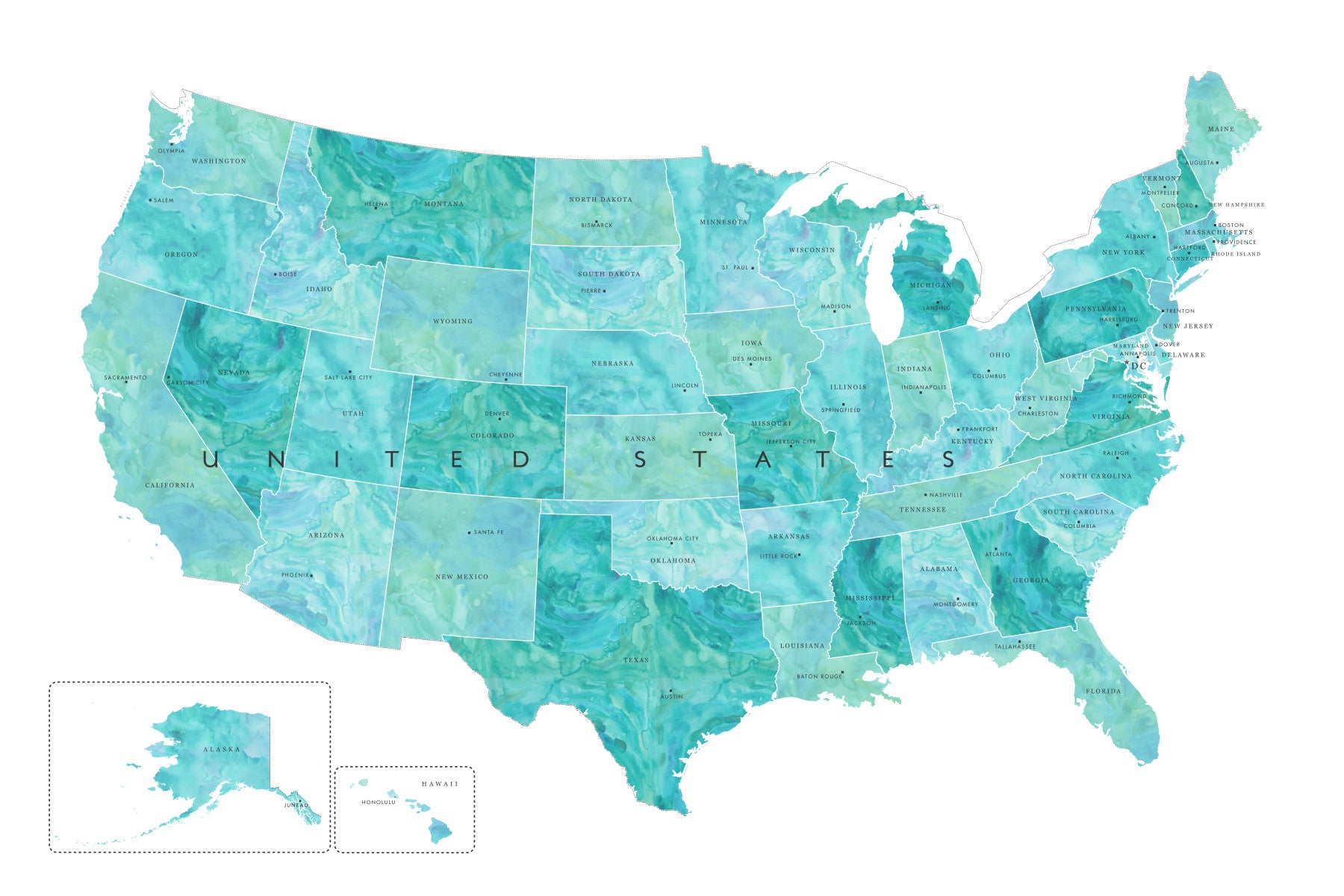 USA map with states and capitals in teal watercolor wallpaper mural above a white sofa in a bright living room