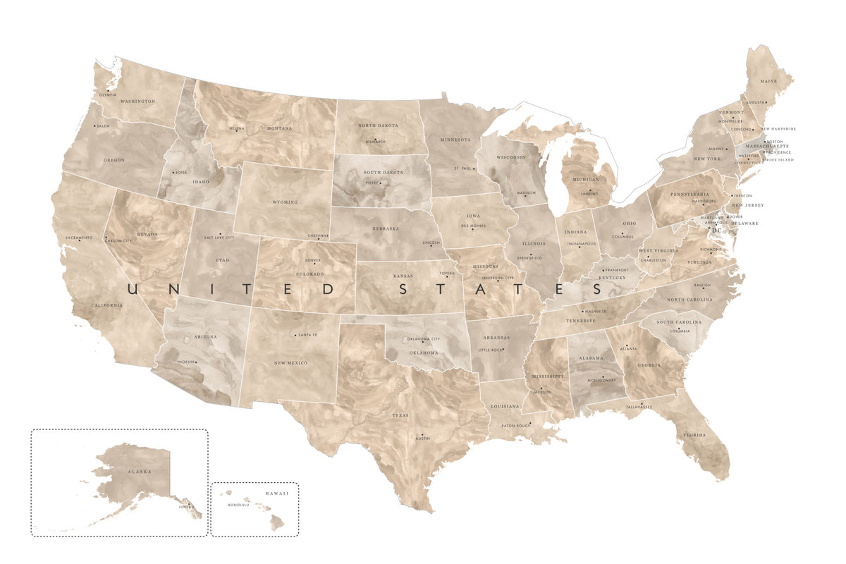 USA map with states and capitals in tan watercolor Wall Mural in your room — zoomed