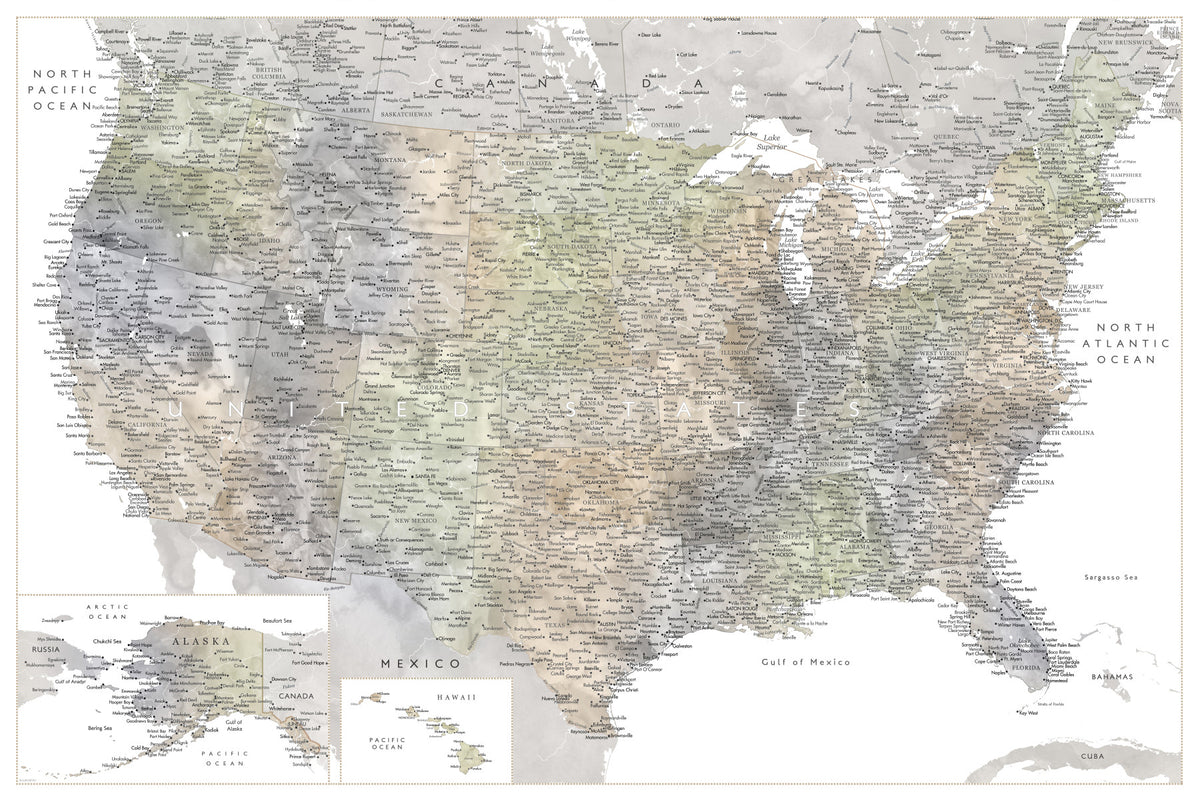 Detailed map of the USA with cities in muted watercolor, HABIKI Wall Mural in your room