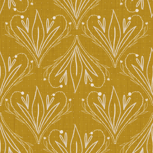 Boho Art Nouveau Folk Floral Mustard Gold Wallpaper – Hand Drawn Wallpaper⁠
