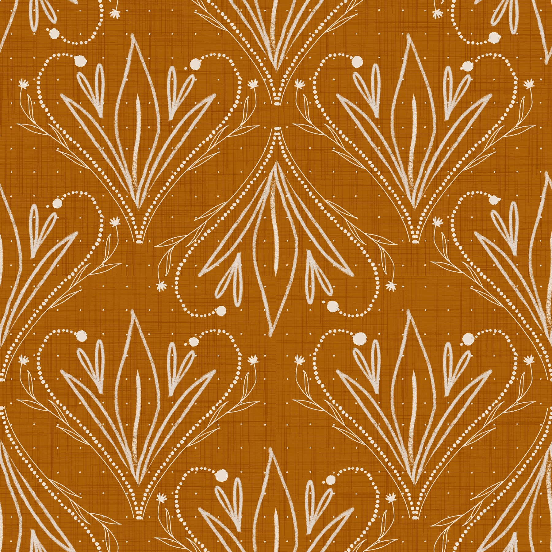 Boho Art Nouveau Folk Floral Mustard Gold wallpaper behind a white sofa and rattan armchairs in a living room