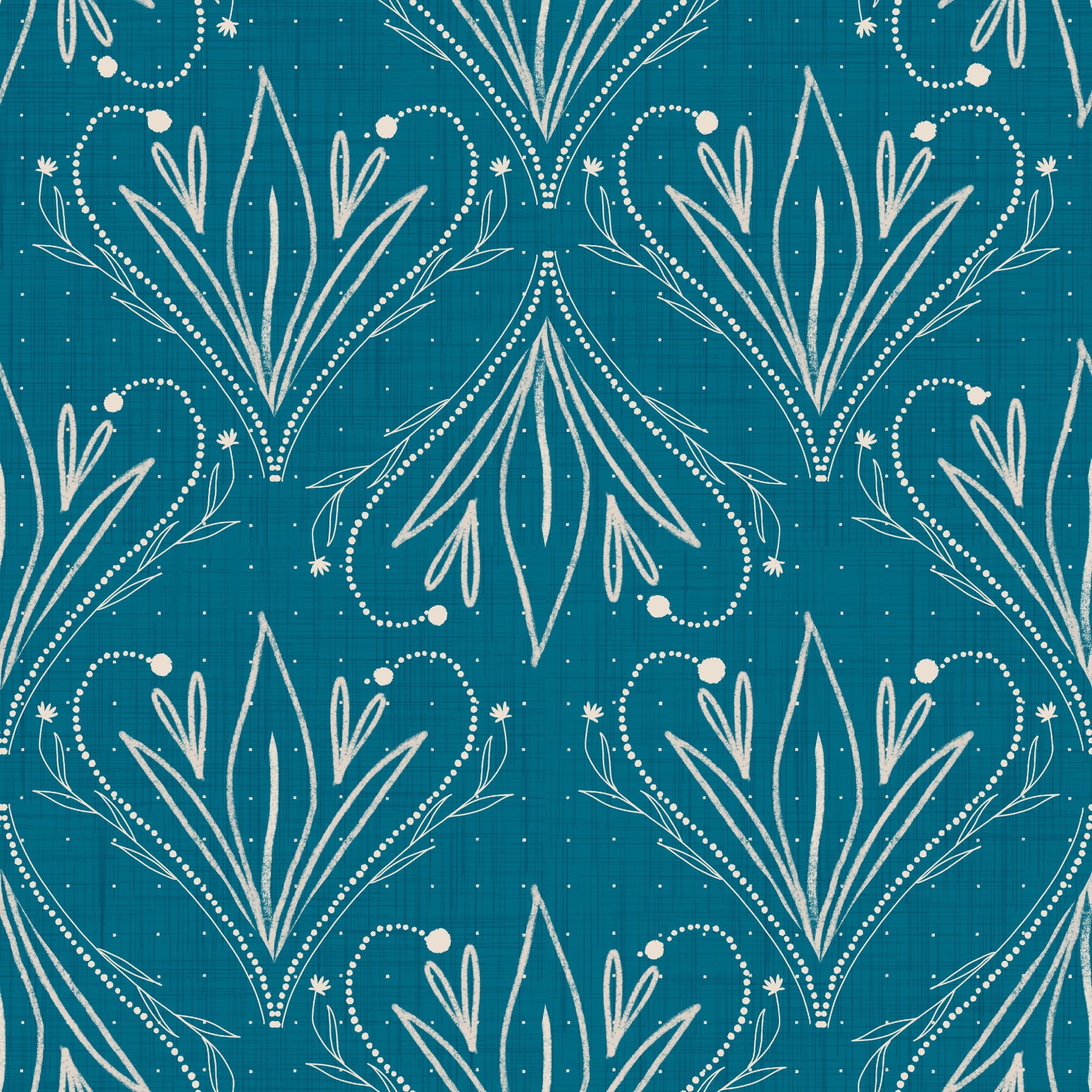 Boho Art Nouveau Folk Floral Teal Blue wallpaper behind a cream sofa and wood coffee table in a living room