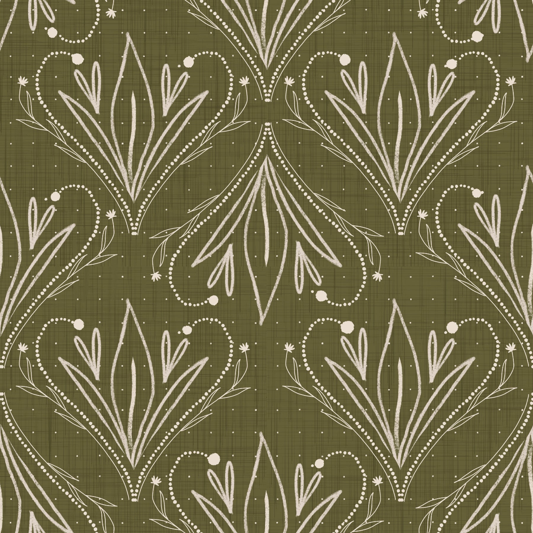 Boho Art Nouveau Folk Floral Olive Green wallpaper behind a wood dining table and wishbone chairs in a dining room