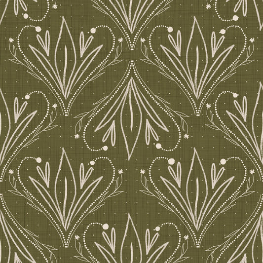Boho Art Nouveau Folk Floral Olive Green Wallpaper – Hand Drawn Wallpaper⁠