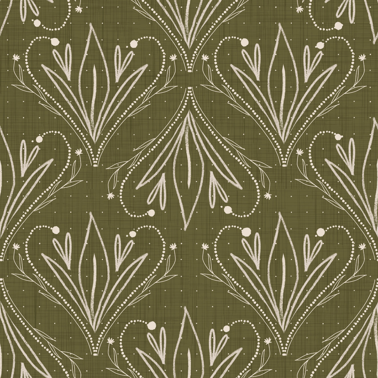 Boho Art Nouveau Folk Floral Olive Green Wallpaper – Hand Drawn Wallpaper⁠