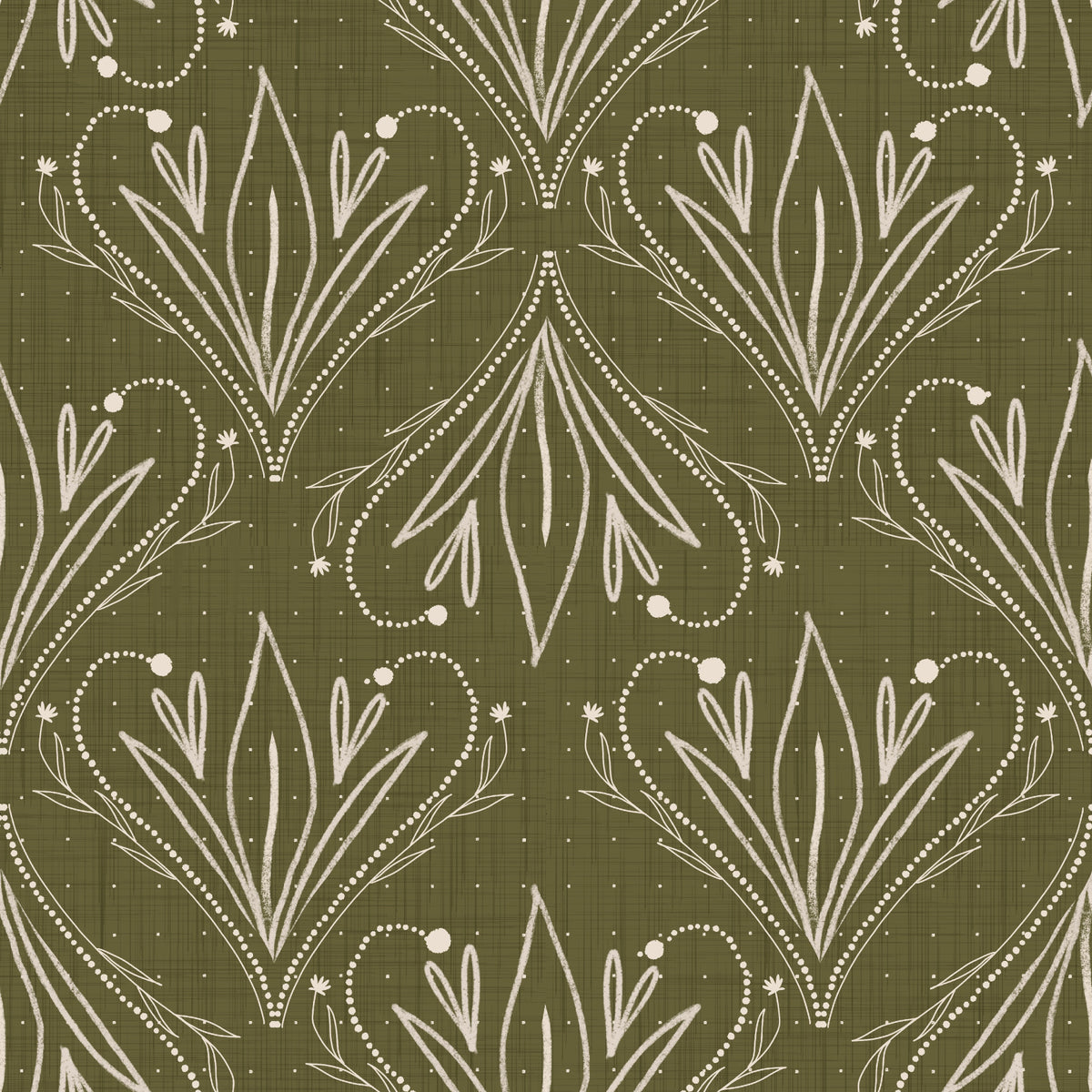 Boho Art Nouveau Folk Floral Olive Green Wallpaper – Hand Drawn Wallpaper⁠ in your room