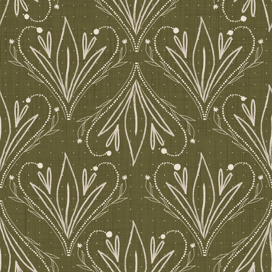 Boho Art Nouveau Folk Floral Olive Green Wallpaper – Hand Drawn Wallpaper⁠