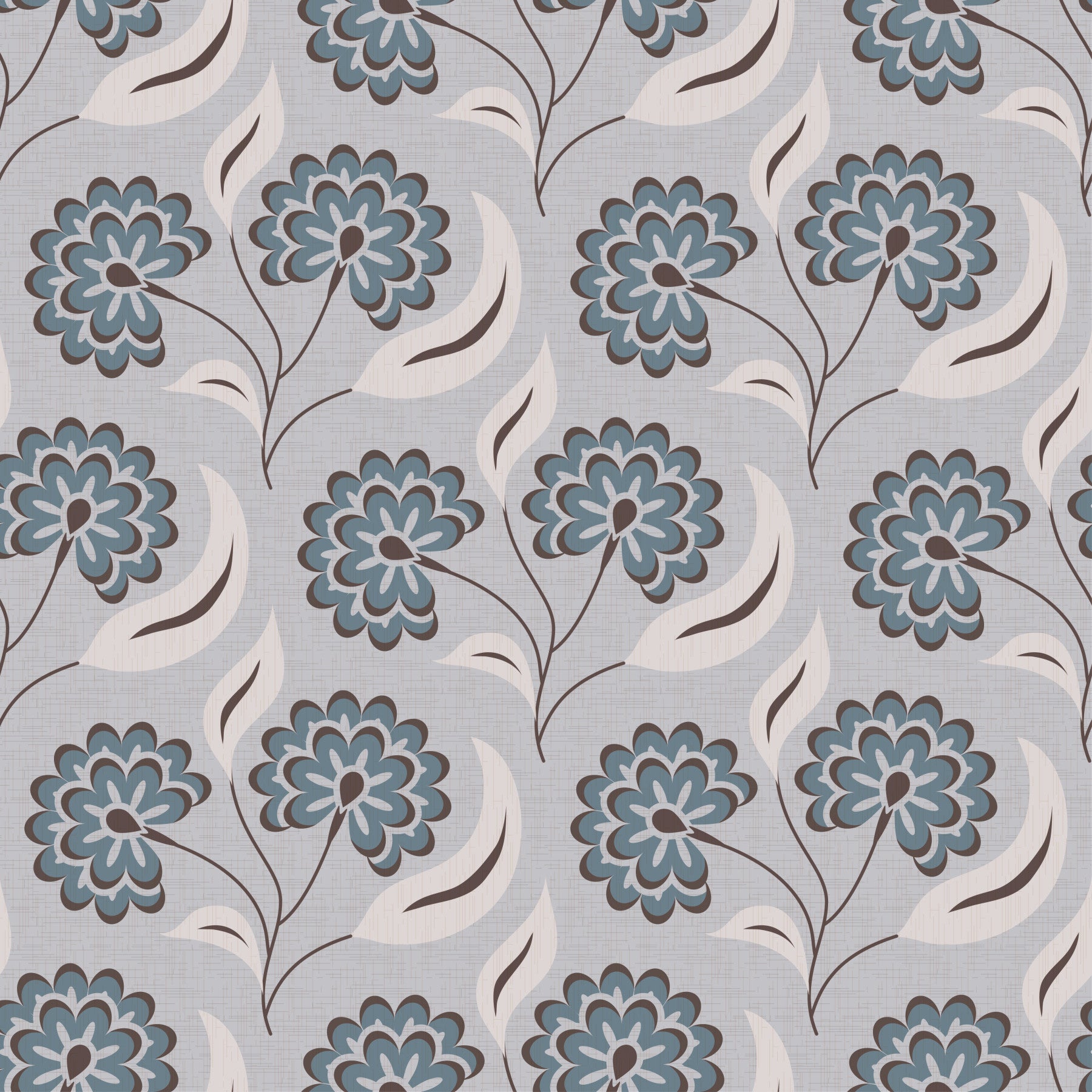 Serene Blooms wallpaper with blue-grey flowers behind two white armchairs and a round wood coffee table