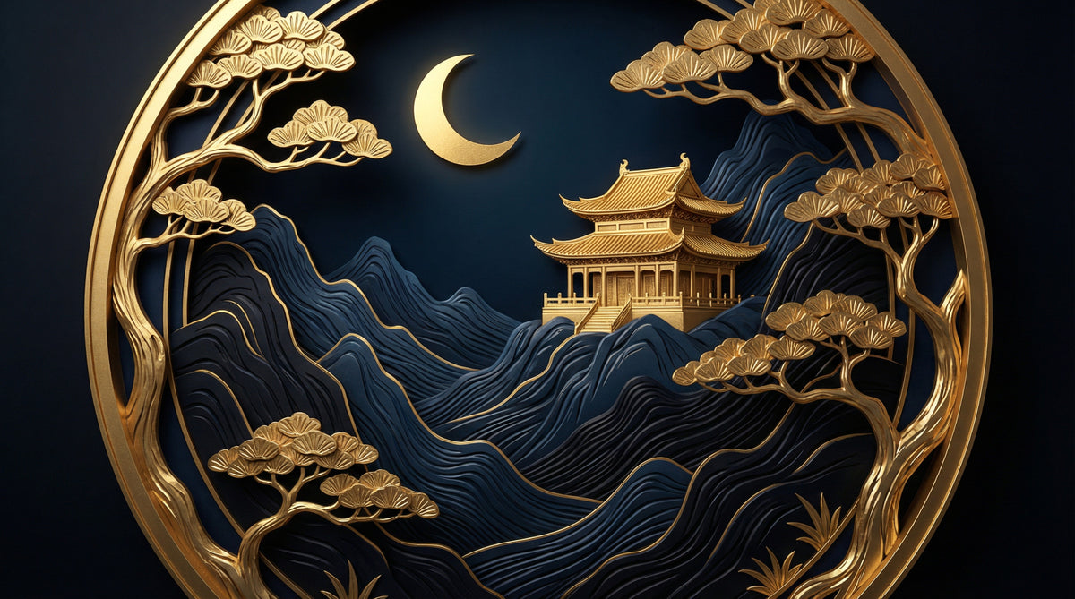 Golden Lunar Temple Wall Mural in your room — zoomed