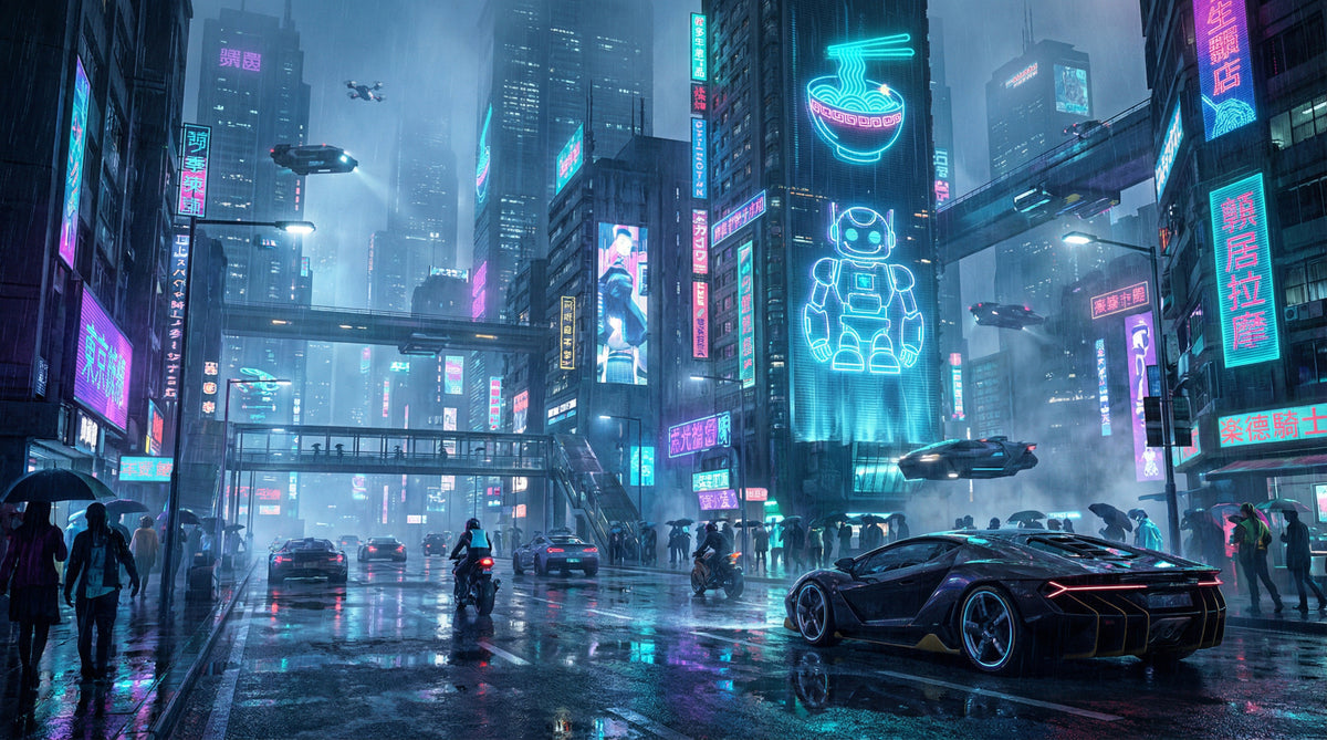 Neon Dreams Cityscape Wall Mural in your room — zoomed