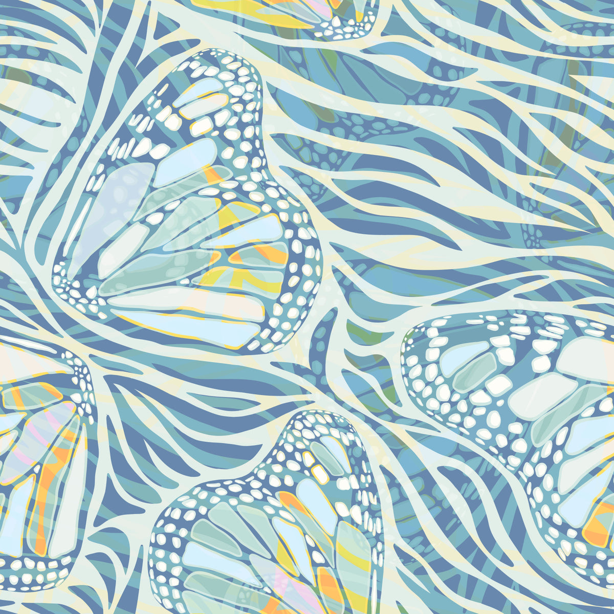 Zebra Butterfly Drift • Maximalist Boho in Blue Pastels Wallpaper⁠ in your room