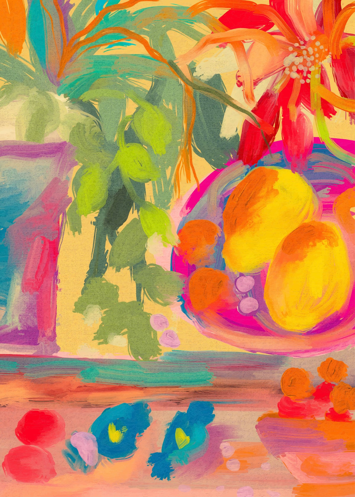 Colorful Abstract Stillife with Flowers and Lemons Wall Mural in your room