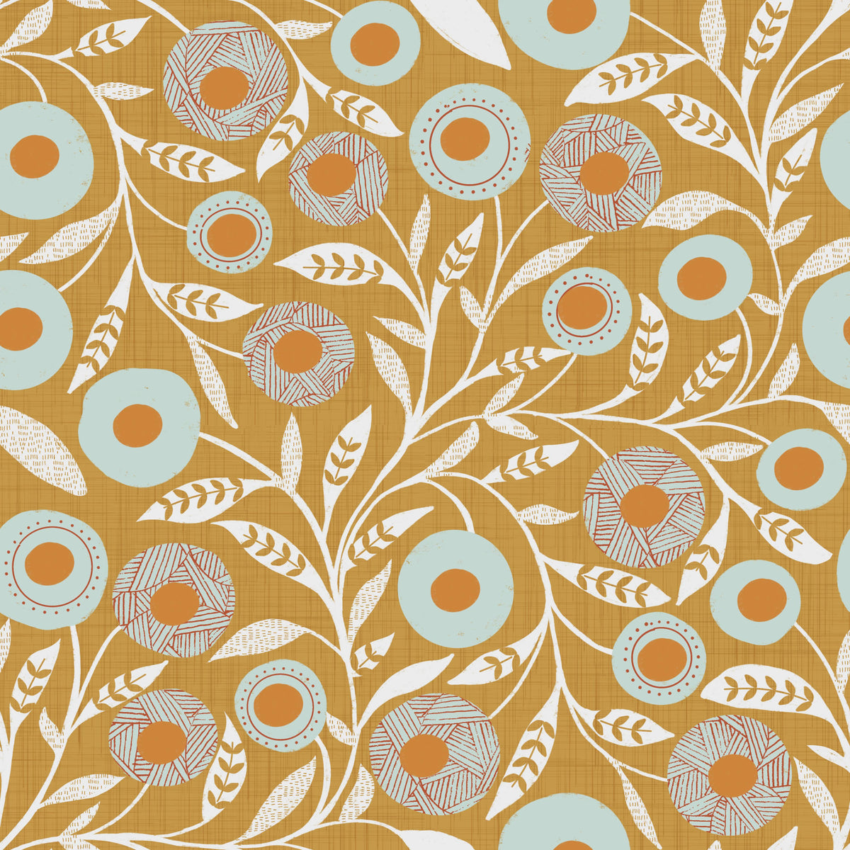 Cozy Scandi Folk Floral Honey Mustard - Craft Botanical Wallpaper⁠ in your room — zoomed
