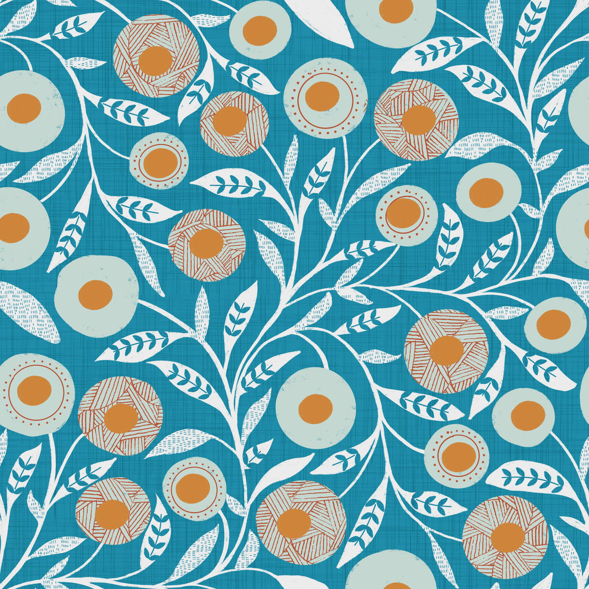 Cozy Scandi Folk Floral Nordic Teal - Craft Botanical Wallpaper⁠ in your room — zoomed