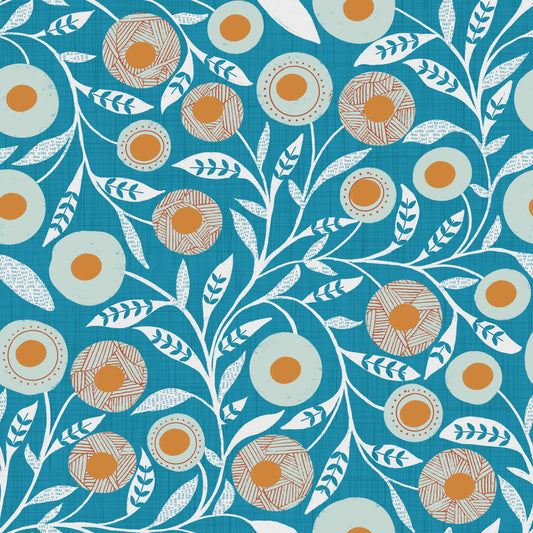 Cozy Scandi Folk Floral Nordic Teal - Craft Botanical Wallpaper⁠