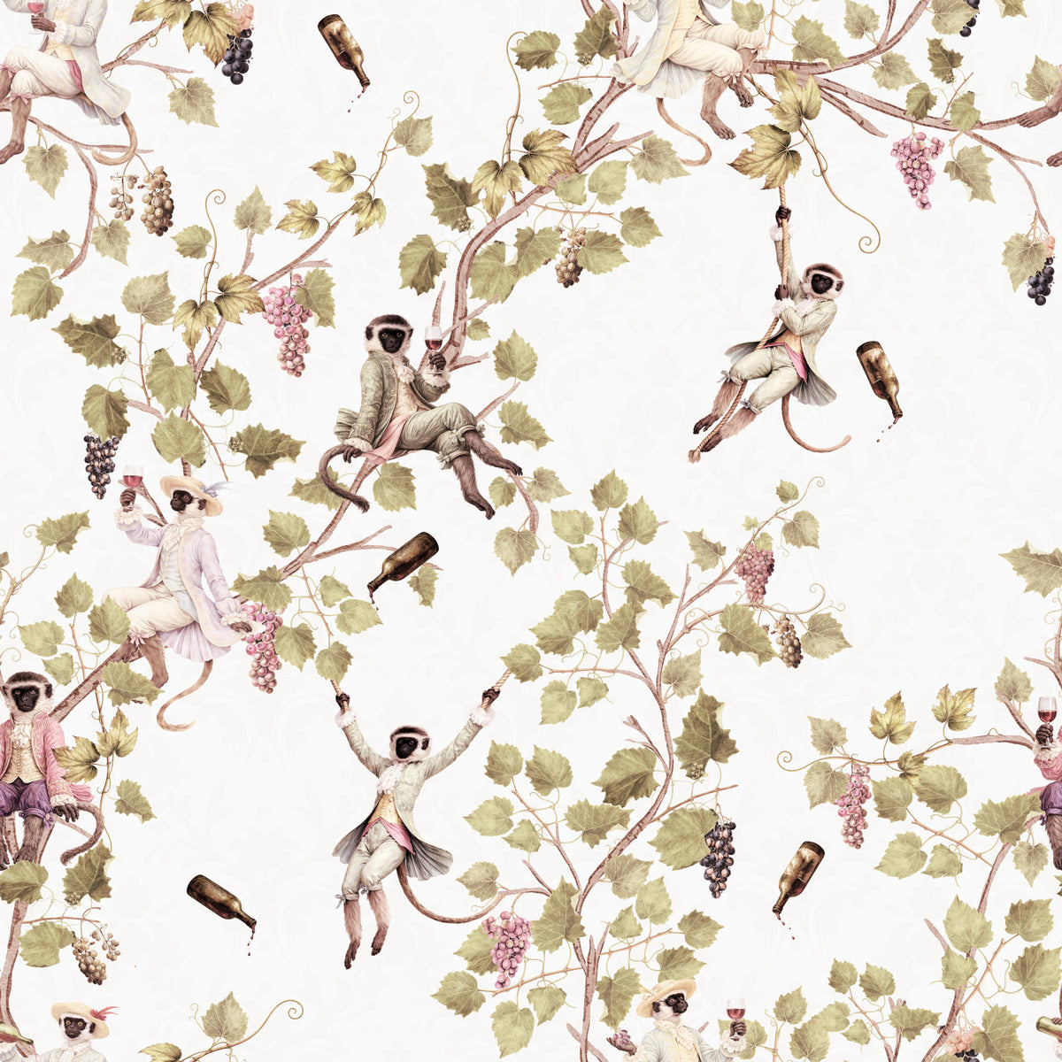 Whimsical Rococo Monkeys Wine Festival Vintage Aristocratic Vineyard Garden white Wallpaper⁠ in your room — zoomed