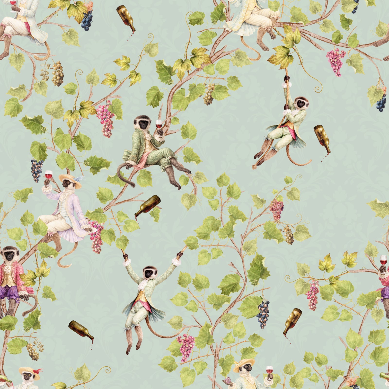 Whimsical Rococo Monkeys Wine Festival Vintage Aristocratic Vineyard Garden turquoise Wallpaper⁠
