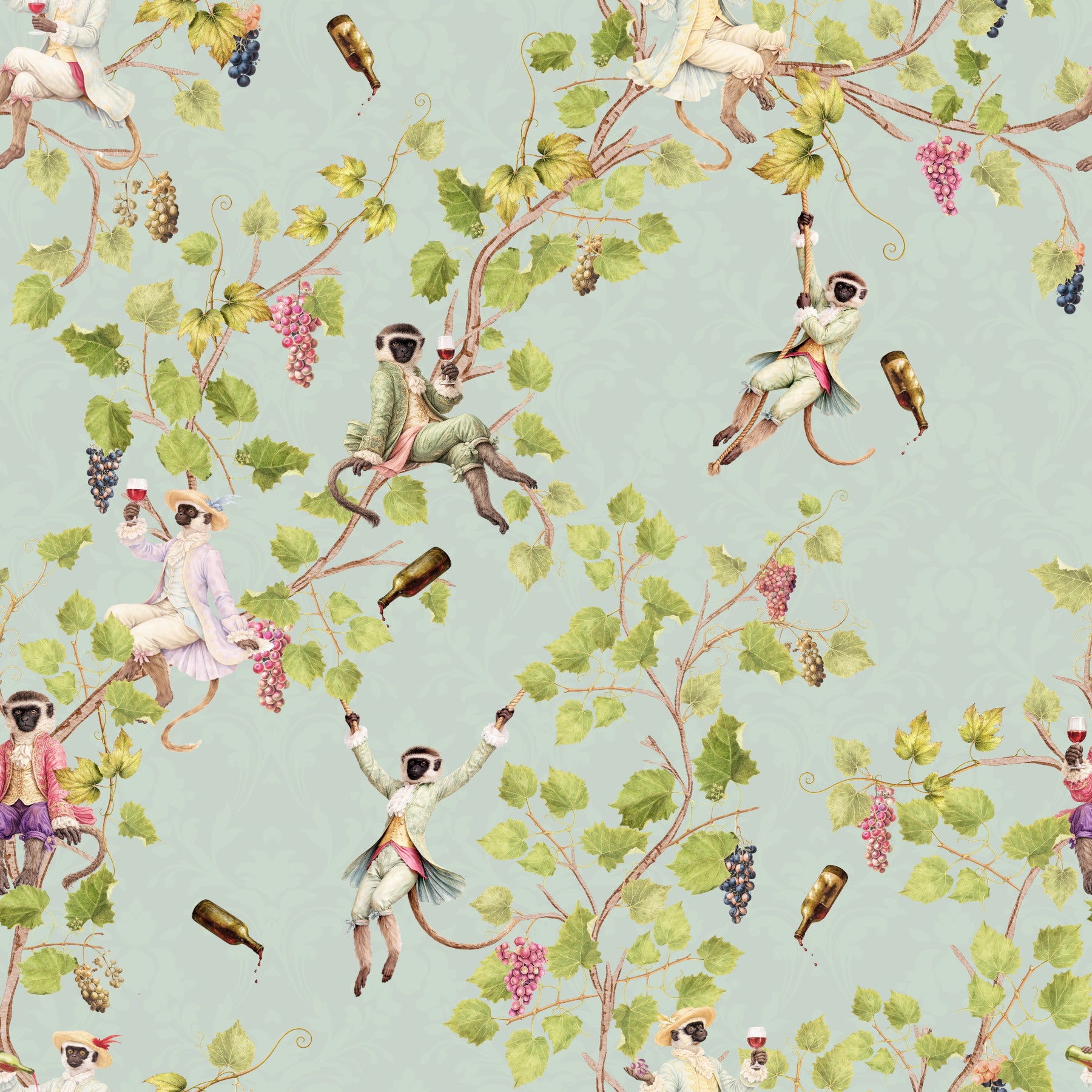 Whimsical Rococo Monkeys Wine Festival Vintage Aristocratic Vineyard Garden turquoise Wallpaper⁠ in your room — zoomed