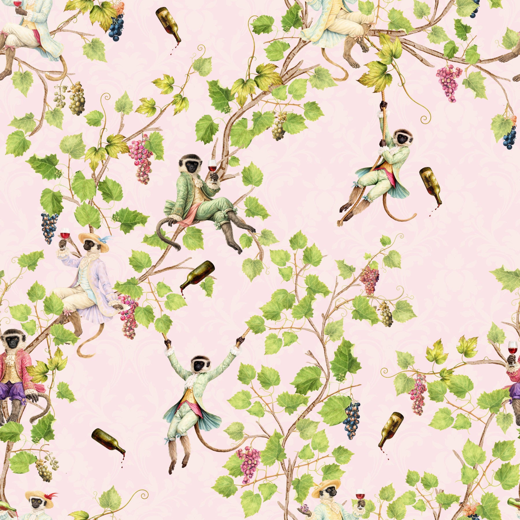 Whimsical Rococo Monkeys Wine Festival Vintage Aristocratic Vineyard Garden pink Wallpaper⁠
