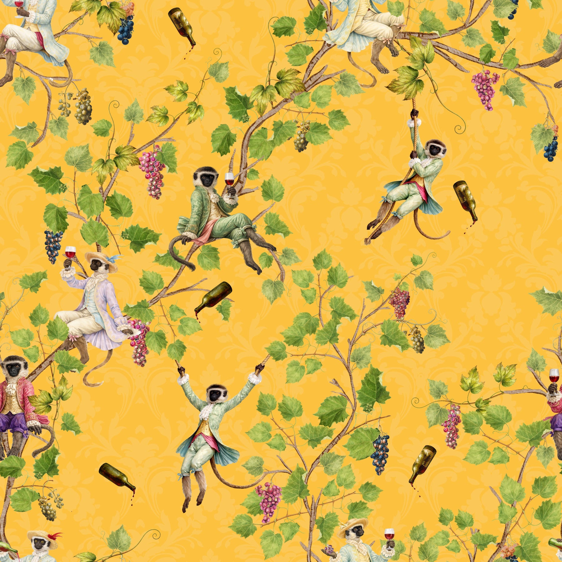 Whimsical Rococo Monkeys Wine Festival Vintage Aristocratic Vineyard Garden yellow  Wallpaper⁠
