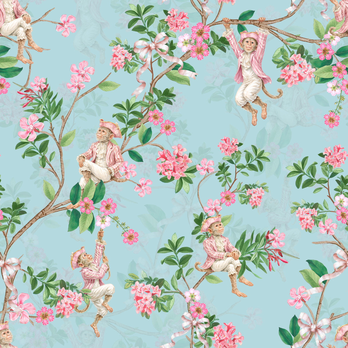 Whimsical Rococo Monkeys Wine Festival Vintage Aristocratic Vineyard Garden Party blue Wallpaper⁠ in your room