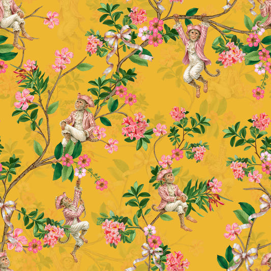 Whimsical Rococo Monkeys Wine Festival Vintage Aristocratic Vineyard Garden Party yellow Wallpaper⁠