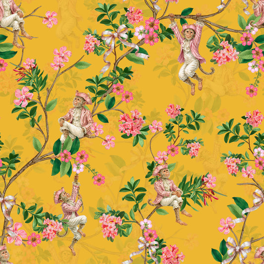 Whimsical Rococo Monkeys Wine Festival Vintage Aristocratic Vineyard Garden Party yellow Wallpaper⁠