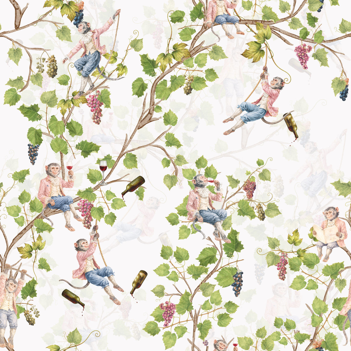 Whimsical Rococo Monkeys Wine Festival Aristocratic Vineyard Vintage  Garden  white Wallpaper⁠ in your room — zoomed