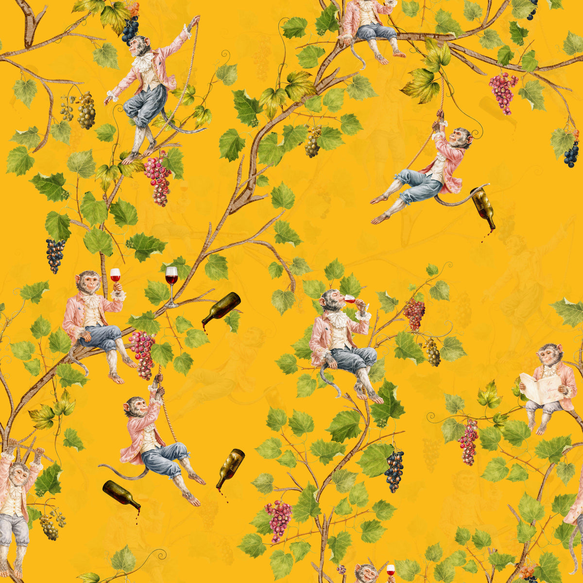 Whimsical Rococo Monkeys Wine Festival Aristocratic Vineyard Vintage  Garden  yellow Wallpaper⁠ in your room