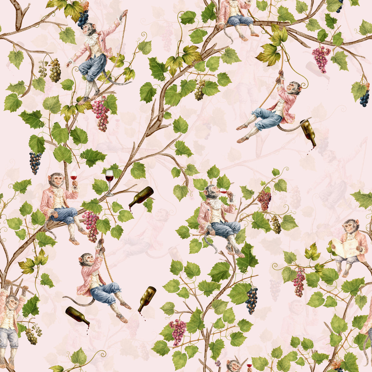 Whimsical Rococo Monkeys Wine Festival Aristocratic Vineyard Vintage  Garden  pink Wallpaper⁠ in your room — zoomed