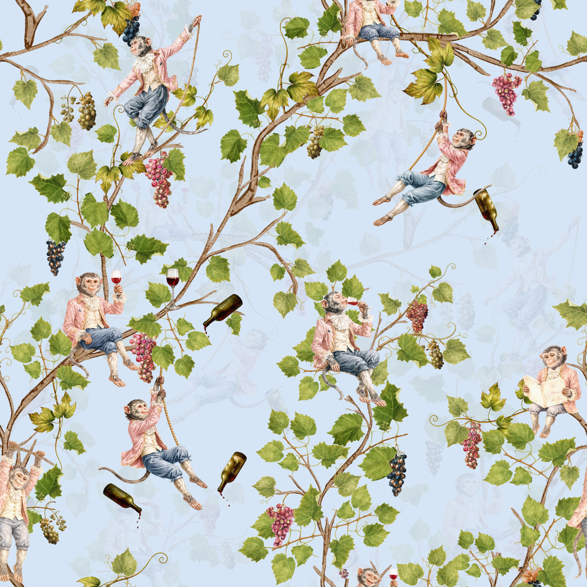 Whimsical Rococo Monkeys Wine Festival Aristocratic Vineyard Vintage  Garden  blue Wallpaper⁠ in your room — zoomed
