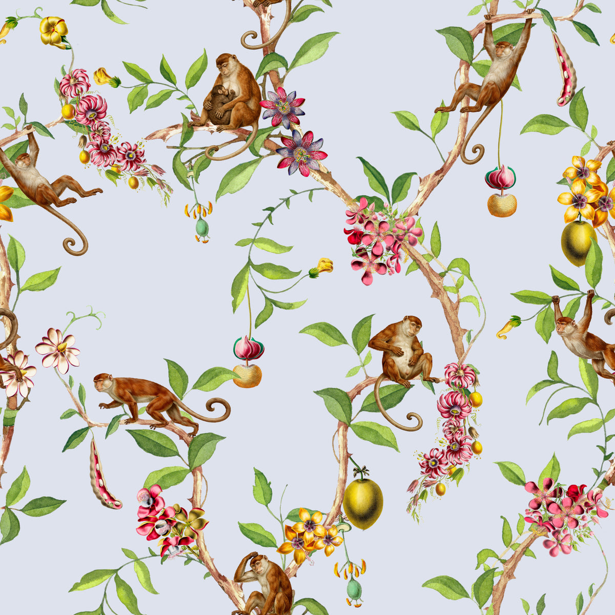 Whimsical Playing Monkeys Family Vintage Exotic Garden blue Wallpaper⁠ in your room — zoomed