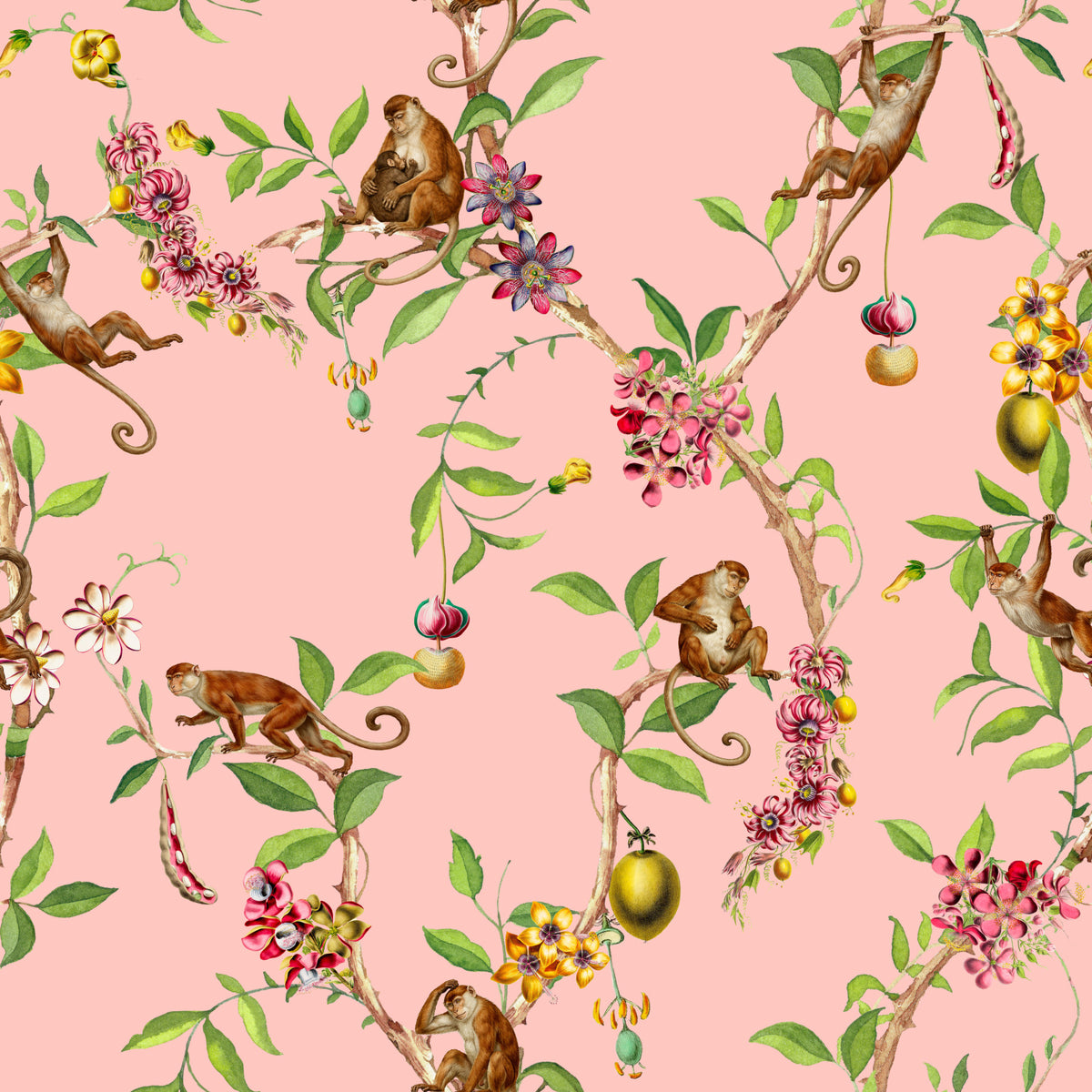 Whimsical Playing Monkeys Family Vintage Exotic Garden pink Wallpaper⁠