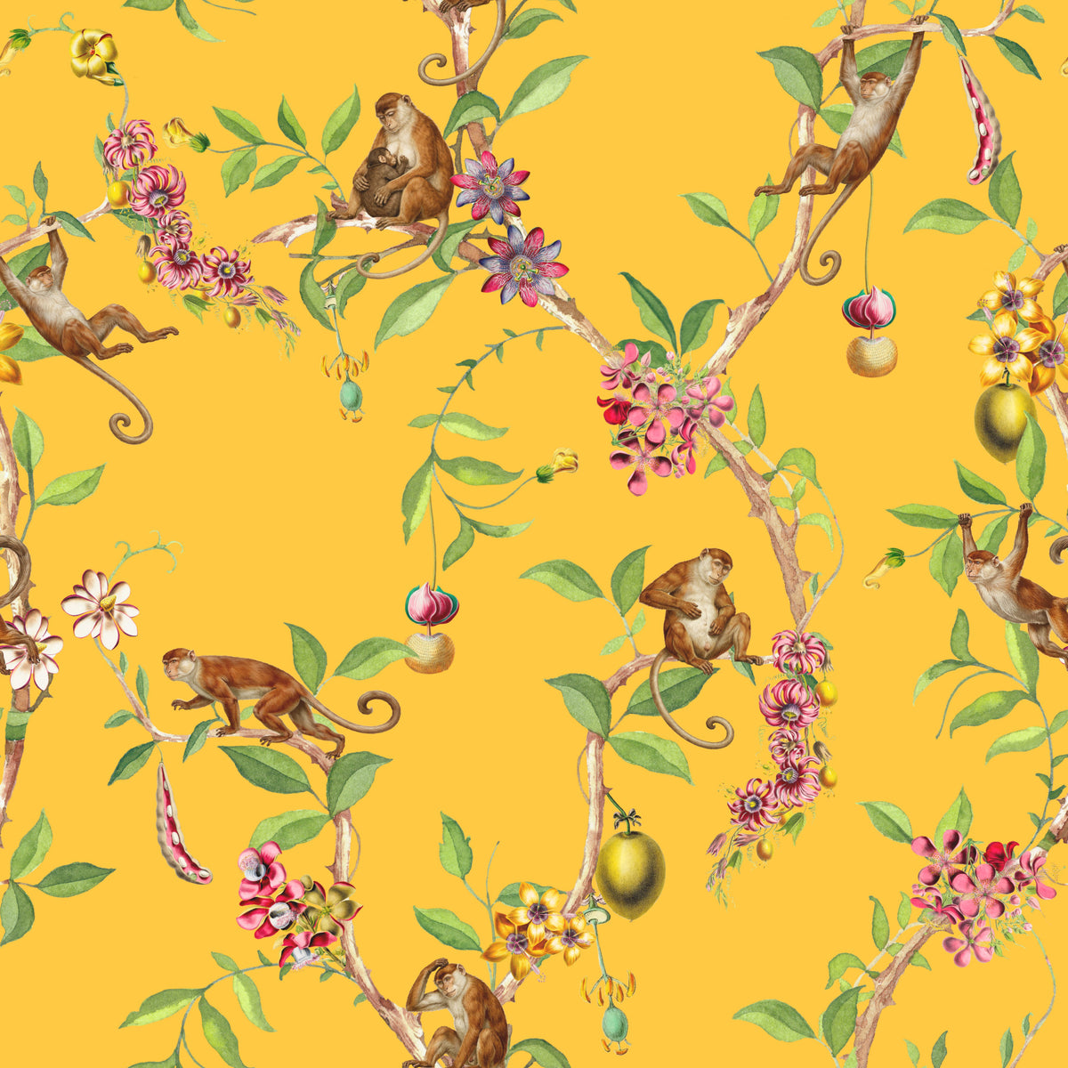 Whimsical Playing Monkeys Family Vintage Exotic Garden yellow Wallpaper⁠ in your room