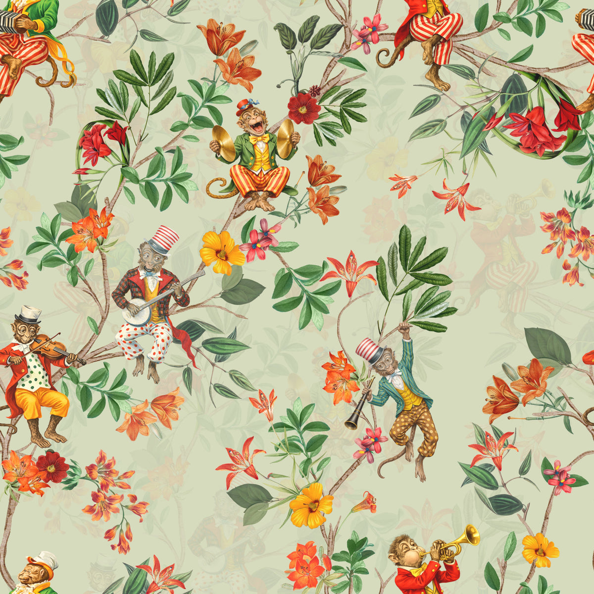 Whimsical Monkeys Playing Music Vintage Exotic Fun Garden green Wallpaper⁠