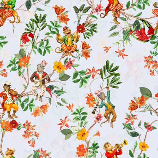 Whimsical Monkeys Playing Music Vintage Exotic Fun Garden blue Wallpaper⁠
