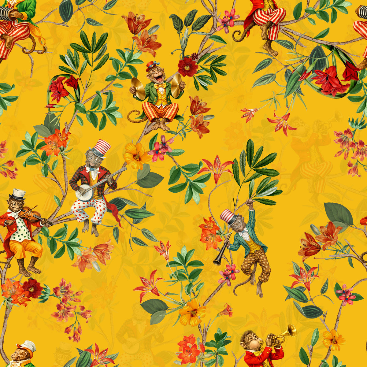 Whimsical Monkeys Playing Music Vintage Exotic Fun Garden yellow Wallpaper⁠ in your room