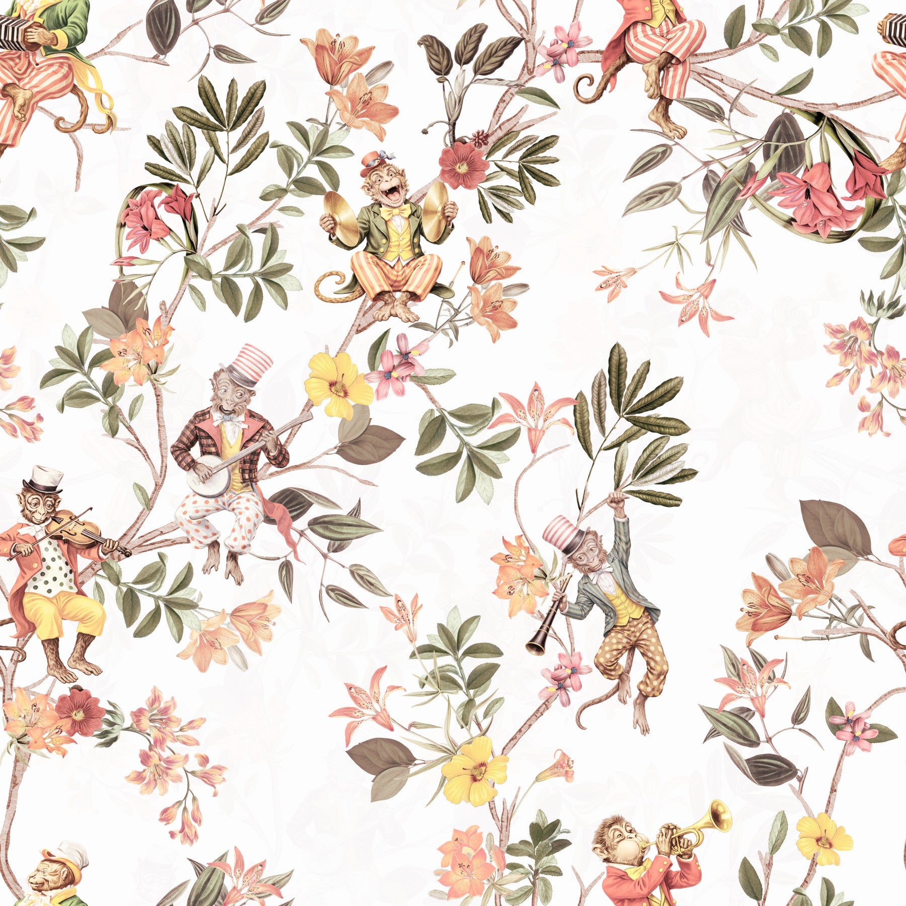 Whimsical Monkeys Playing Music Vintage Exotic Fun Garden white Wallpaper⁠ in your room — zoomed