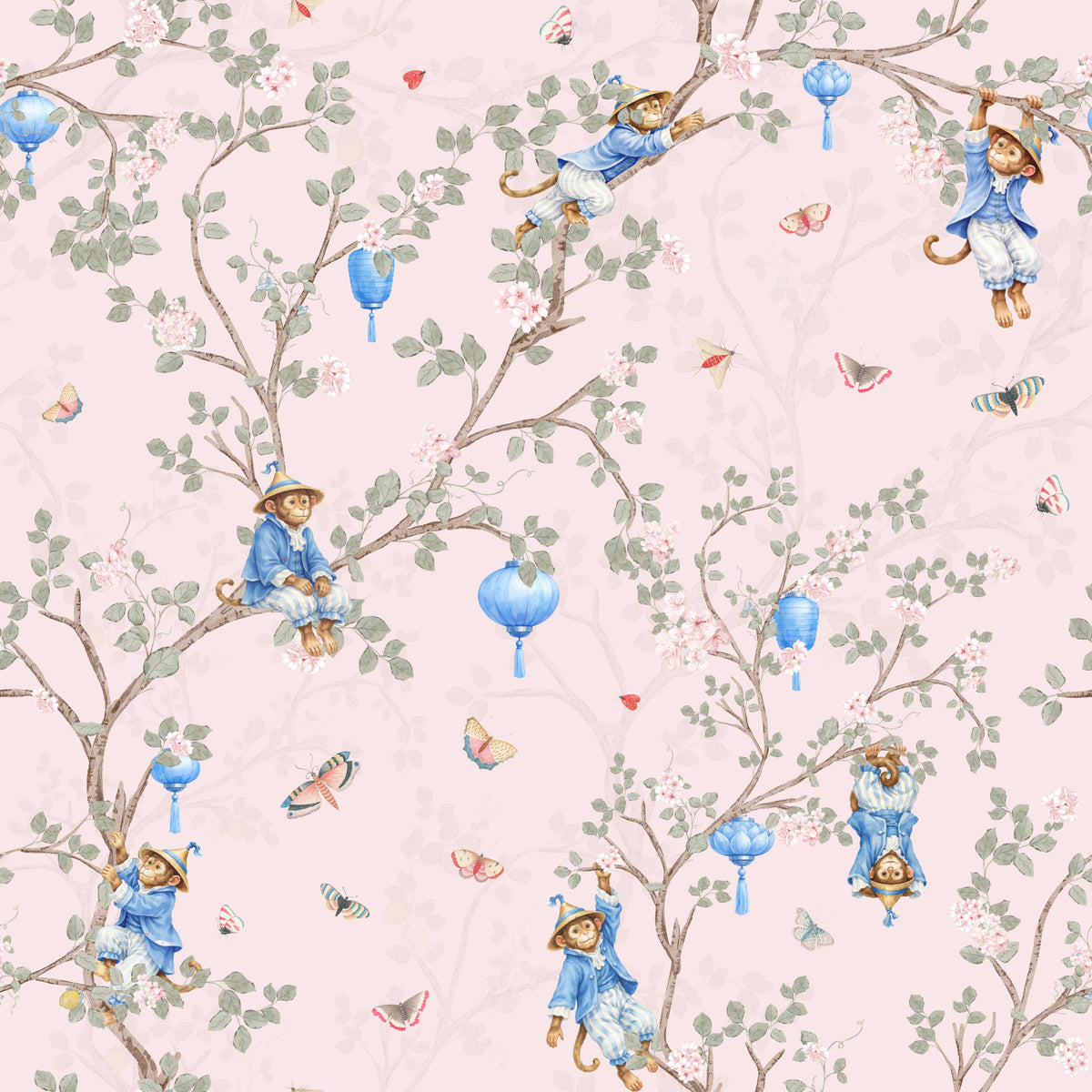 Vintage Rococo Chinoiserie Asian Lanterns with Monkeys and Sakura Flowers pink Wallpaper⁠ in your room — zoomed